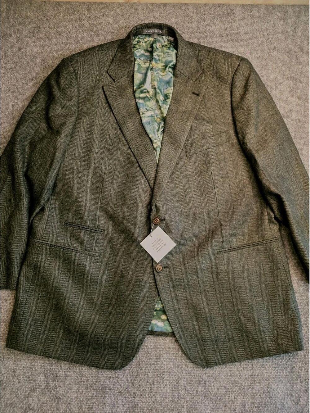 INDOCHINO NWT Mens 50R Gray Herringbone Wool Blazer Sport Coat Green Lining NEW